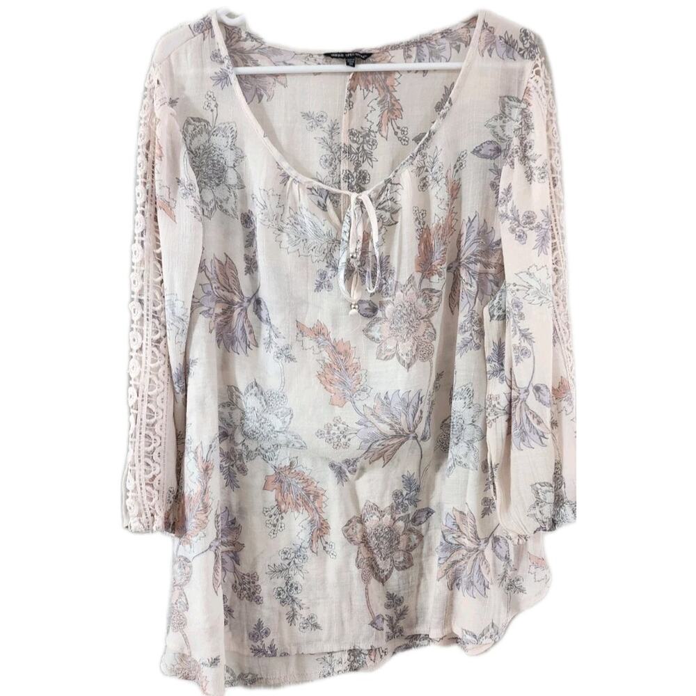 Unique Spectrum Boho Blouse Pale Pink Floral Cut Out Crochet 3/4 Sleeves 2X